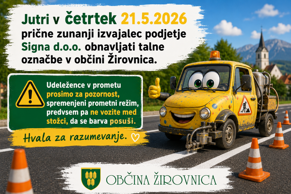 tekst z obvestilom o barvanju talnih označb in avto